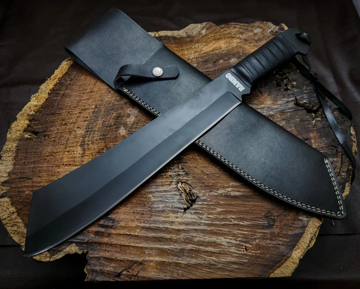 Rambo IV Gil Hibben Replica Handmade Black Machete With Leather Sheath - Vortex Blades