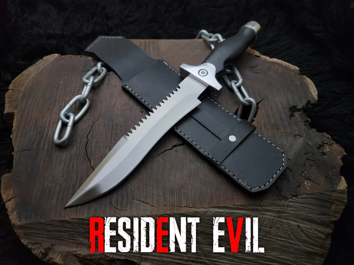 Handmade Resident Evil 1 Replica Knife with Leather Sheath - Vortex Blades