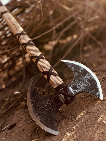 Handmade Double Headed Carbon Steel Axe with Ash Wood Shaft - Vortex Blades
